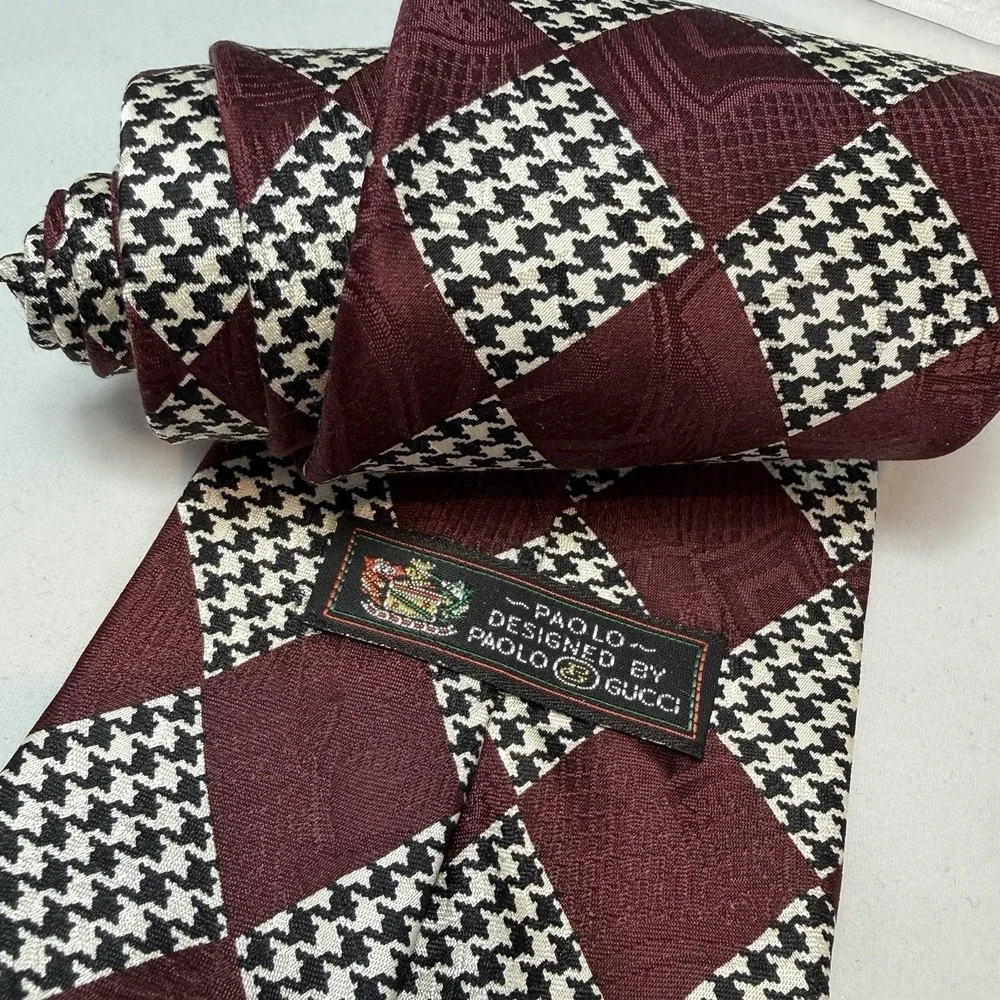 Vintage Paolo Gucci Silk Tie Burgundy Checkerboard Designer Italian Luxury 80's